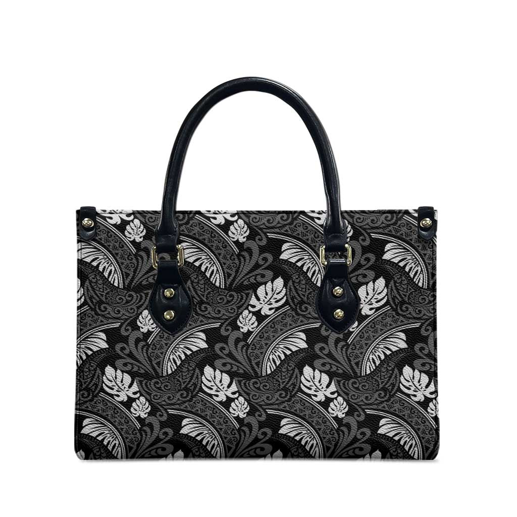 Grayscale Monstera Leather Bag Polynesian Tribal Pattern - Polynesian Pride