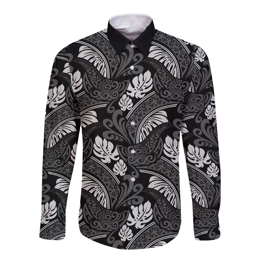 Grayscale Monstera Long Sleeve Button Shirt Polynesian Tribal Pattern - Polynesian Pride