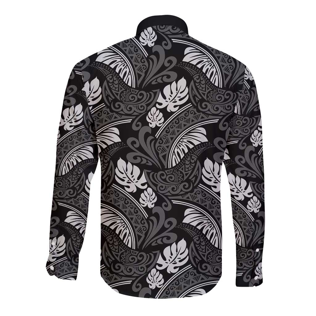 Grayscale Monstera Long Sleeve Button Shirt Polynesian Tribal Pattern - Polynesian Pride