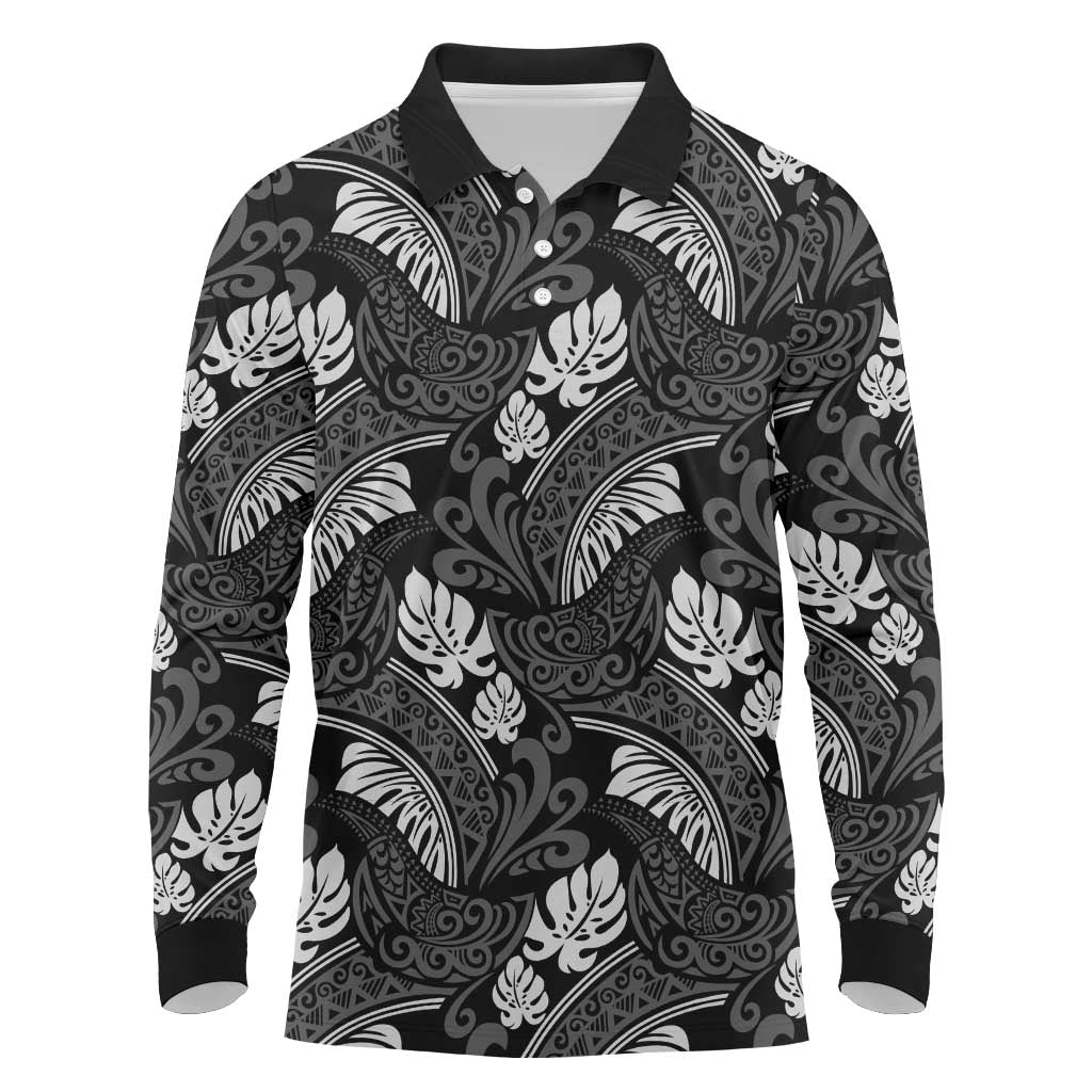 Grayscale Monstera Long Sleeve Polo Shirt Polynesian Tribal Pattern - Polynesian Pride