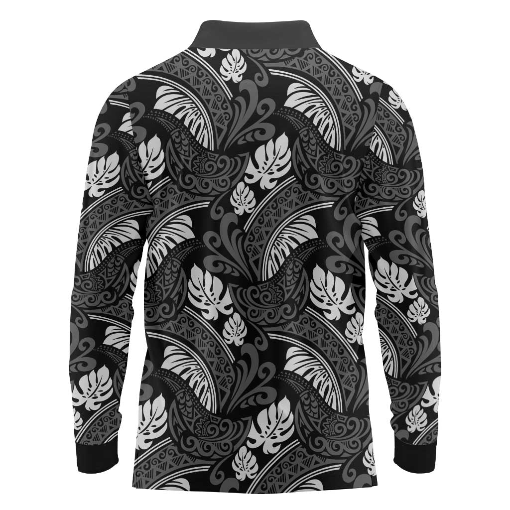 Grayscale Monstera Long Sleeve Polo Shirt Polynesian Tribal Pattern - Polynesian Pride