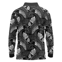 Grayscale Monstera Long Sleeve Polo Shirt Polynesian Tribal Pattern - Polynesian Pride