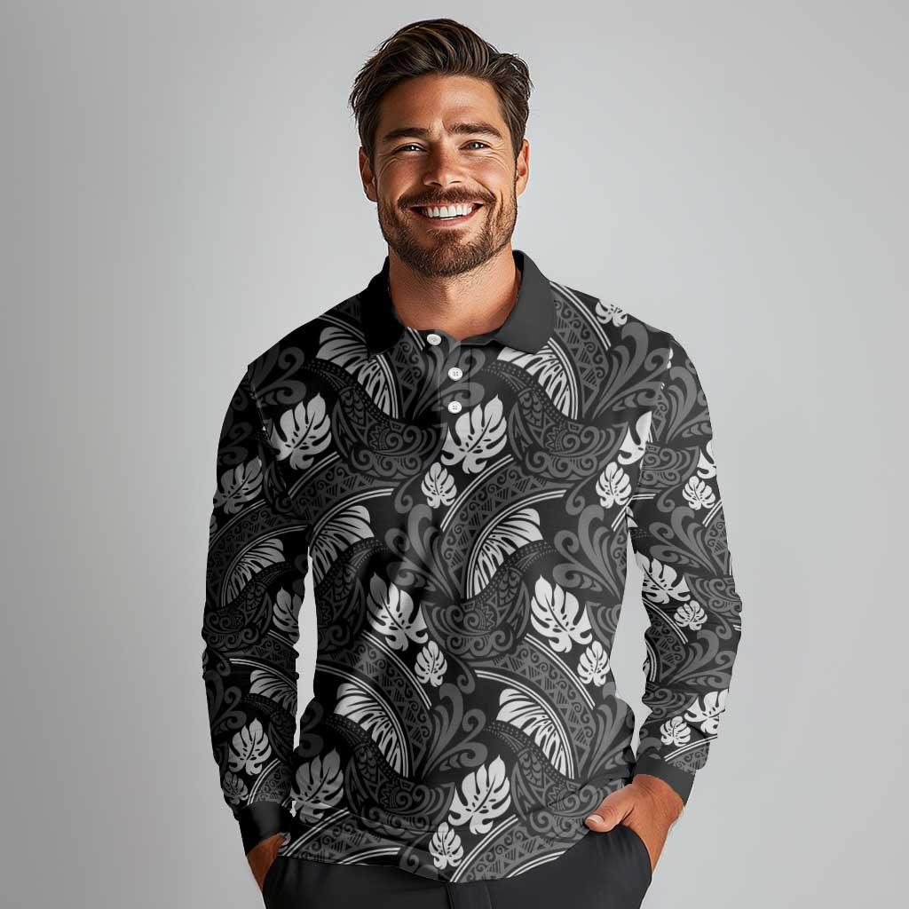 Grayscale Monstera Long Sleeve Polo Shirt Polynesian Tribal Pattern - Polynesian Pride