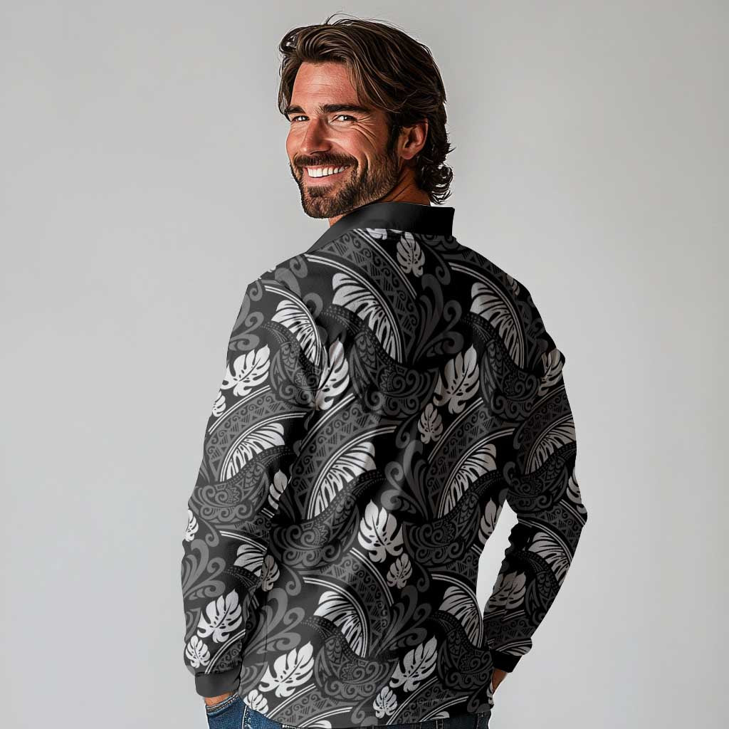 Grayscale Monstera Long Sleeve Polo Shirt Polynesian Tribal Pattern - Polynesian Pride