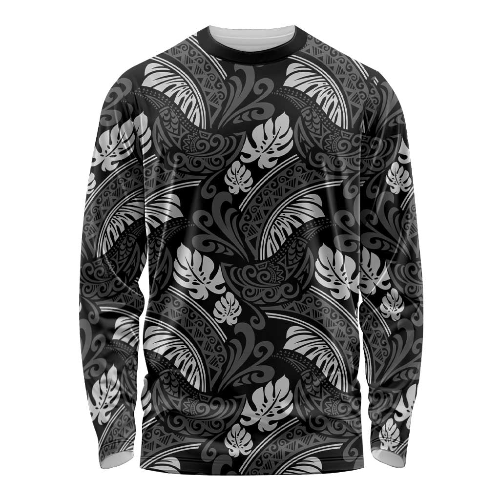 Grayscale Monstera Long Sleeve Shirt Polynesian Tribal Pattern - Polynesian Pride