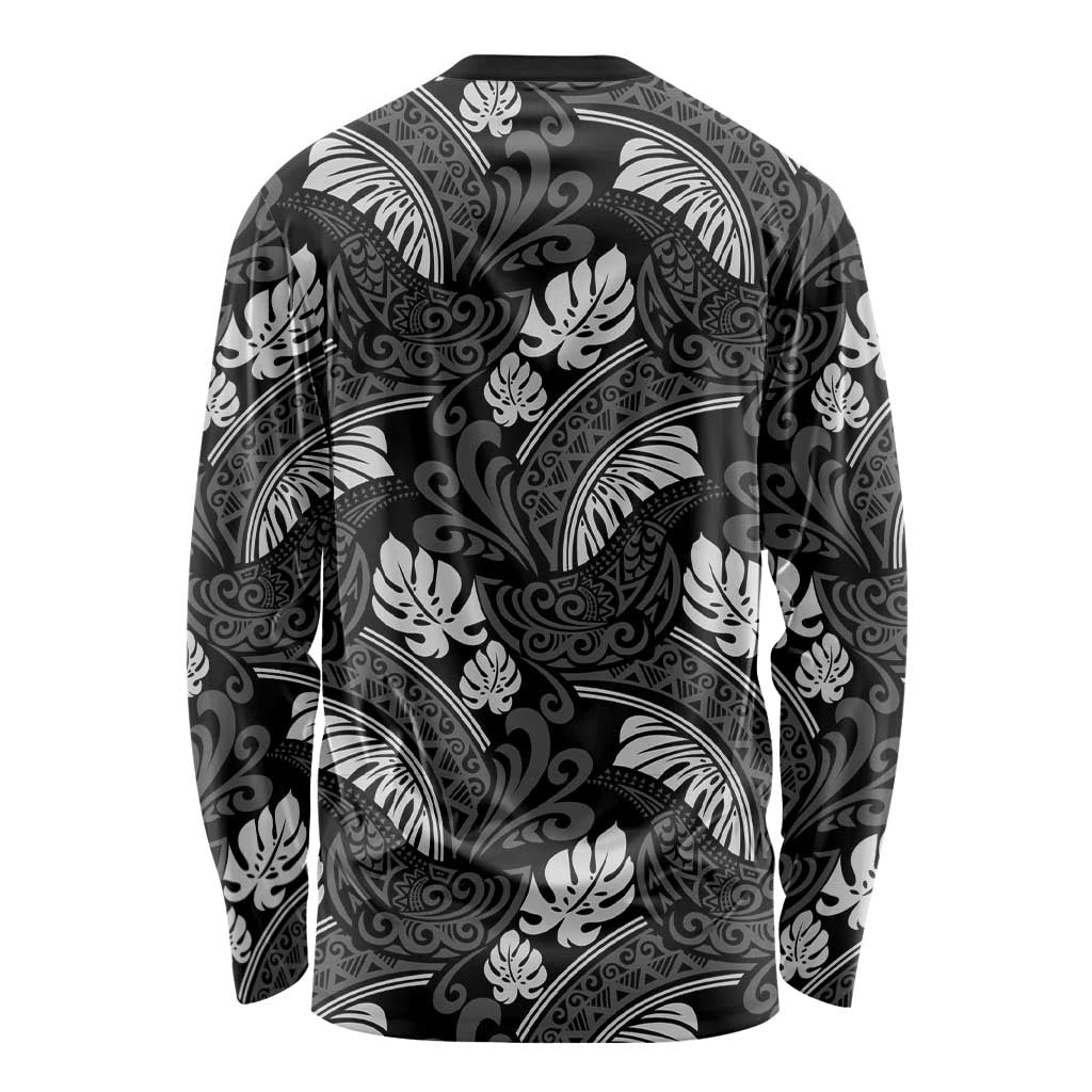Grayscale Monstera Long Sleeve Shirt Polynesian Tribal Pattern - Polynesian Pride