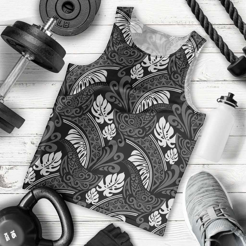 Grayscale Monstera Men Tank Top Polynesian Tribal Pattern - Polynesian Pride