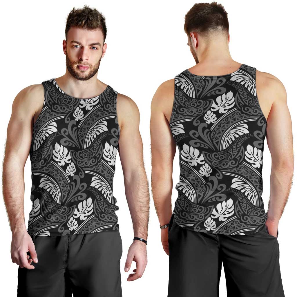 Grayscale Monstera Men Tank Top Polynesian Tribal Pattern - Polynesian Pride