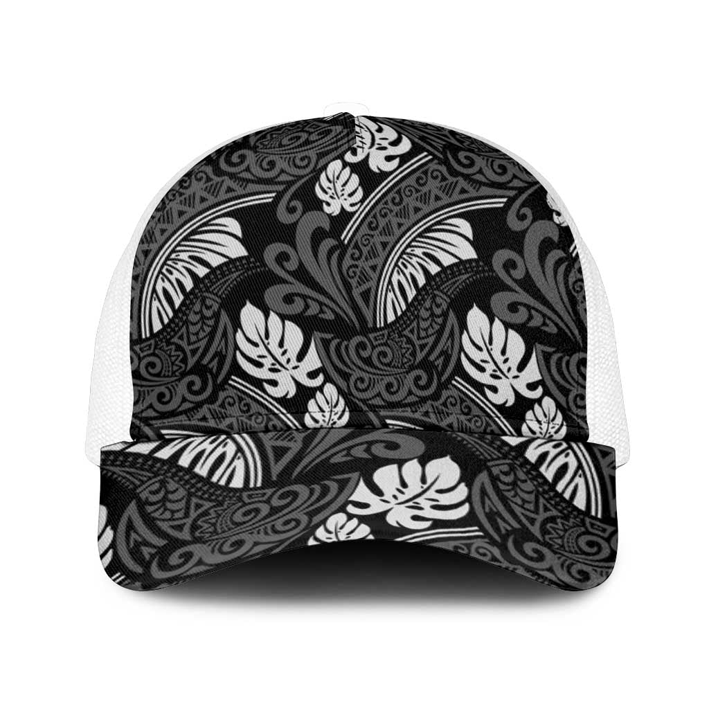Grayscale Monstera Mesh Trucker Cap Polynesian Tribal Pattern - Polynesian Pride