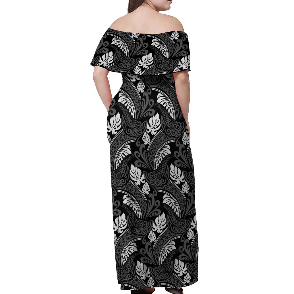 Grayscale Monstera Off Shoulder Maxi Dress Polynesian Tribal Pattern - Polynesian Pride