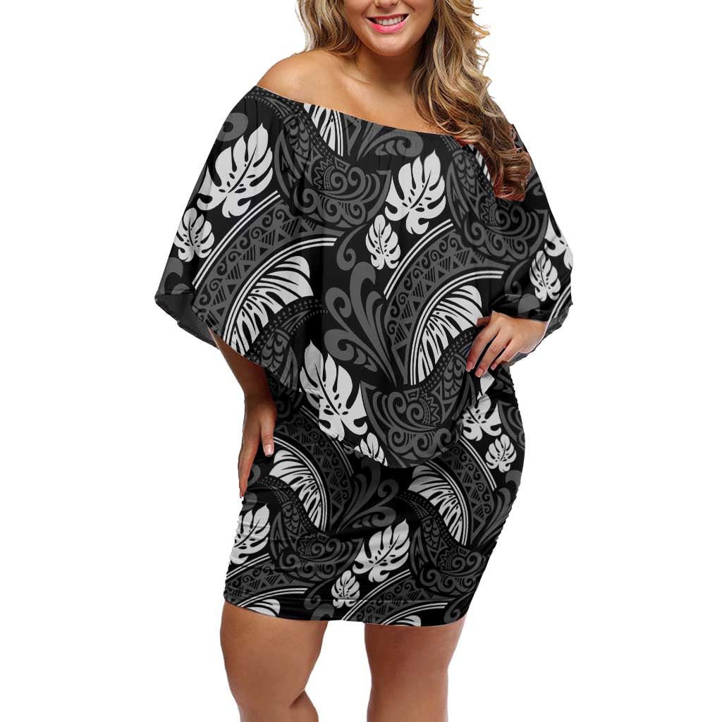 Grayscale Monstera Off Shoulder Short Dress Polynesian Tribal Pattern - Polynesian Pride