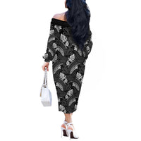 Grayscale Monstera Off The Shoulder Long Sleeve Dress Polynesian Tribal Pattern - Polynesian Pride
