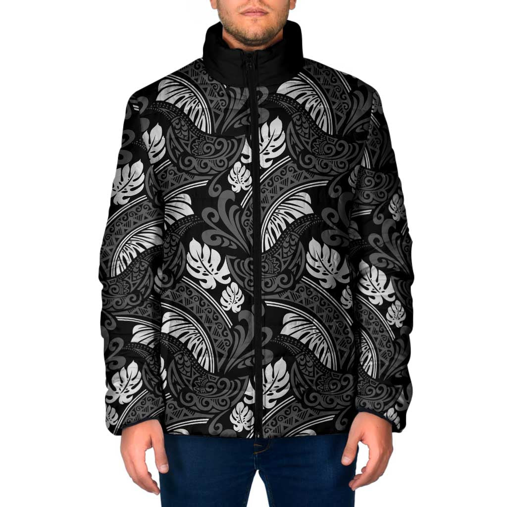 Grayscale Monstera Padded Jacket Polynesian Tribal Pattern - Polynesian Pride