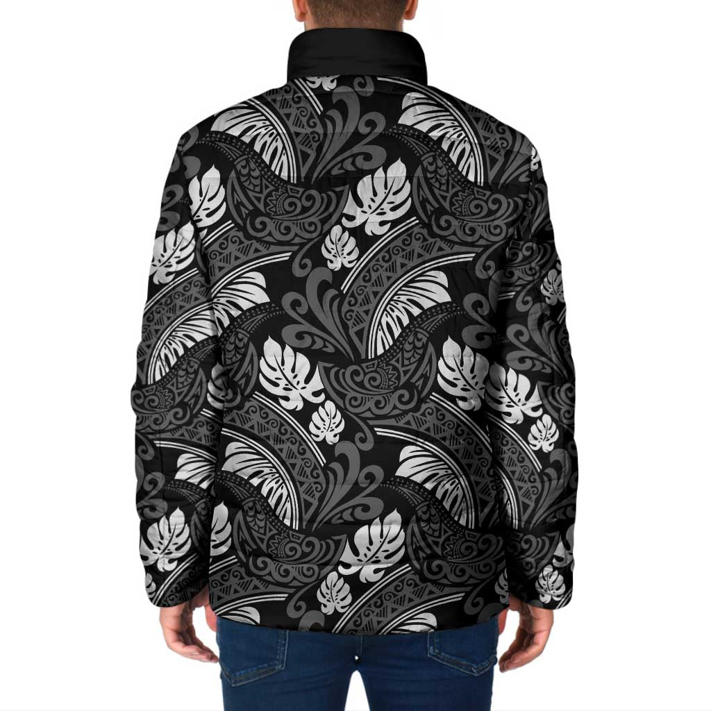 Grayscale Monstera Padded Jacket Polynesian Tribal Pattern - Polynesian Pride