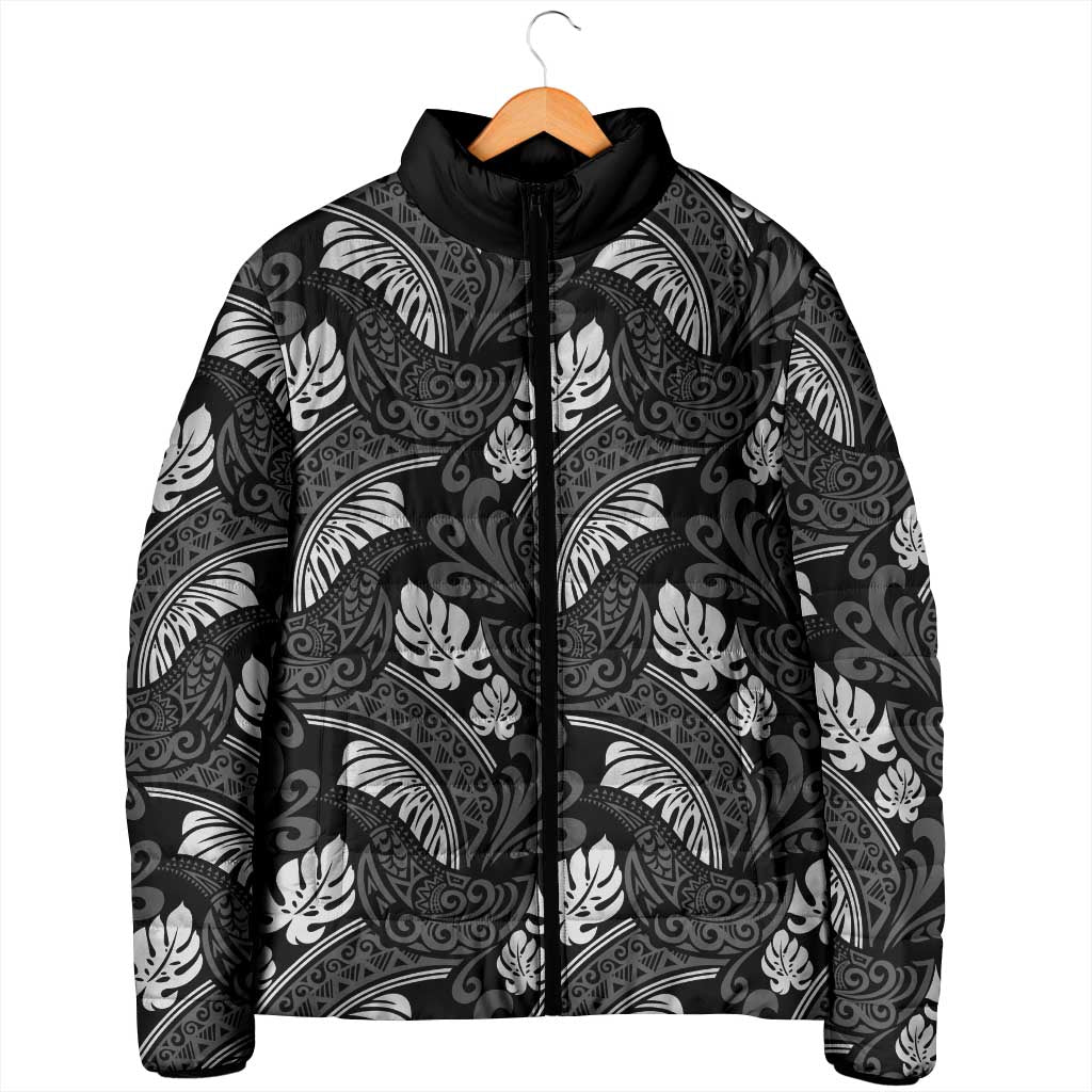 Grayscale Monstera Padded Jacket Polynesian Tribal Pattern - Polynesian Pride
