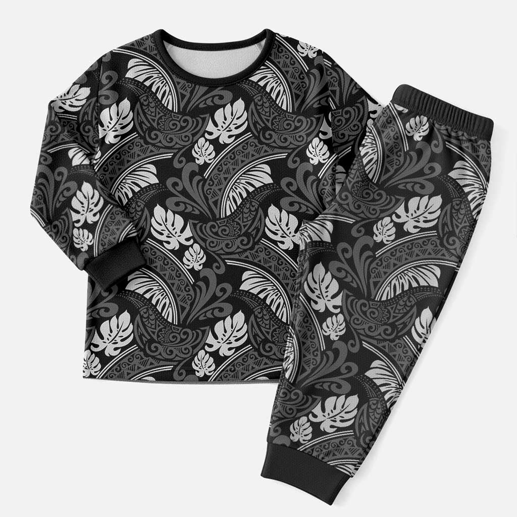 Grayscale Monstera Christmas Pajama Set Polynesian Tribal Pattern - Polynesian Pride