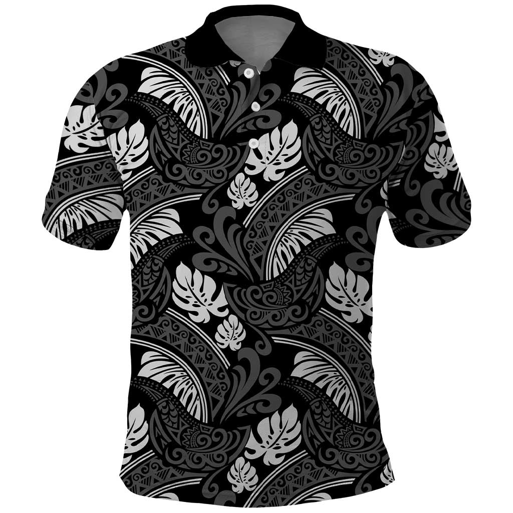Grayscale Monstera Polo Shirt Polynesian Tribal Pattern - Polynesian Pride