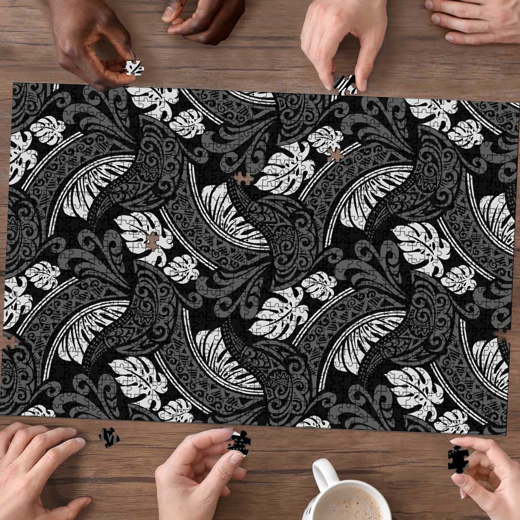 Grayscale Monstera Puzzle Polynesian Tribal Pattern - Polynesian Pride
