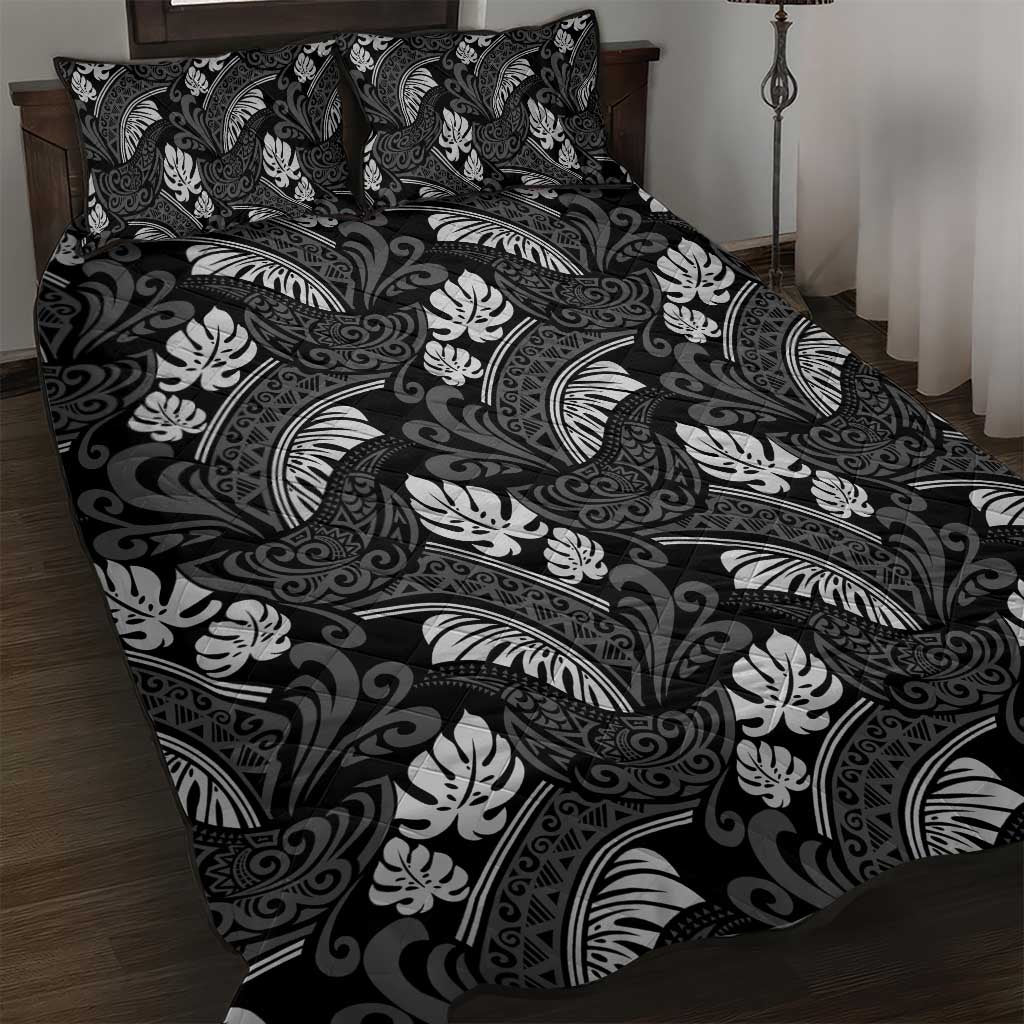 Grayscale Monstera Quilt Bed Set Polynesian Tribal Pattern - Polynesian Pride