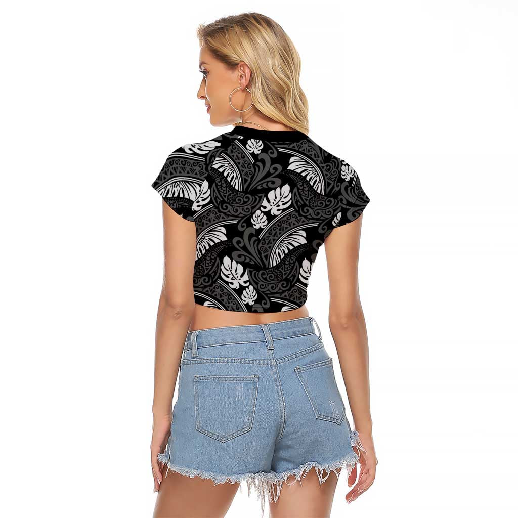 Grayscale Monstera Raglan Cropped T Shirt Polynesian Tribal Pattern - Polynesian Pride