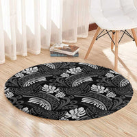 Grayscale Monstera Round Carpet Polynesian Tribal Pattern - Polynesian Pride