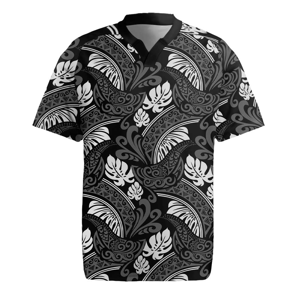 Grayscale Monstera Rugby Jersey Polynesian Tribal Pattern - Polynesian Pride