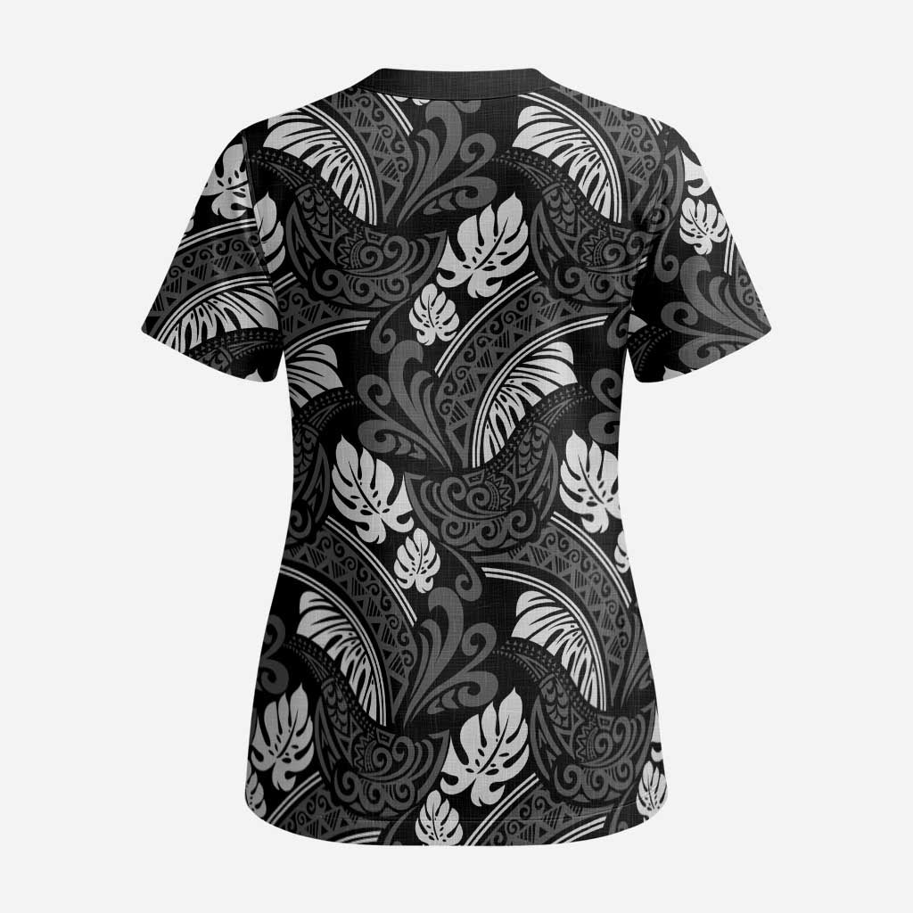 Grayscale Monstera Scrub Top Polynesian Tribal Pattern - Polynesian Pride
