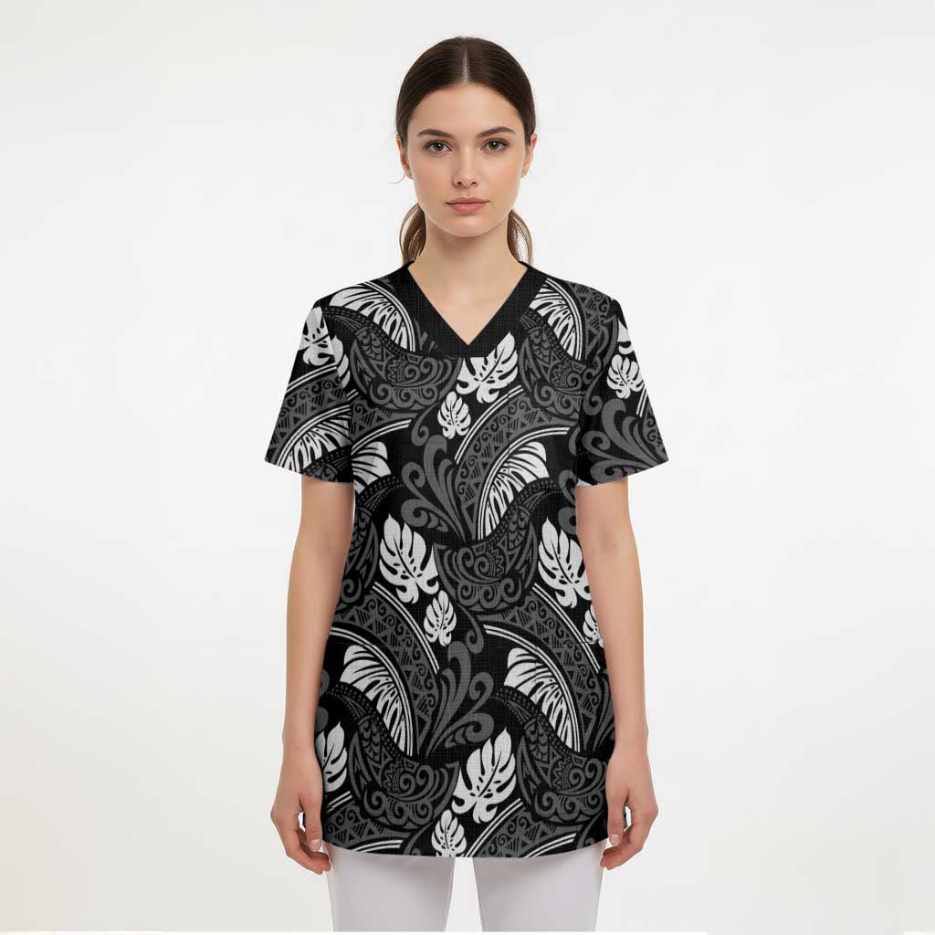 Grayscale Monstera Scrub Top Polynesian Tribal Pattern - Polynesian Pride