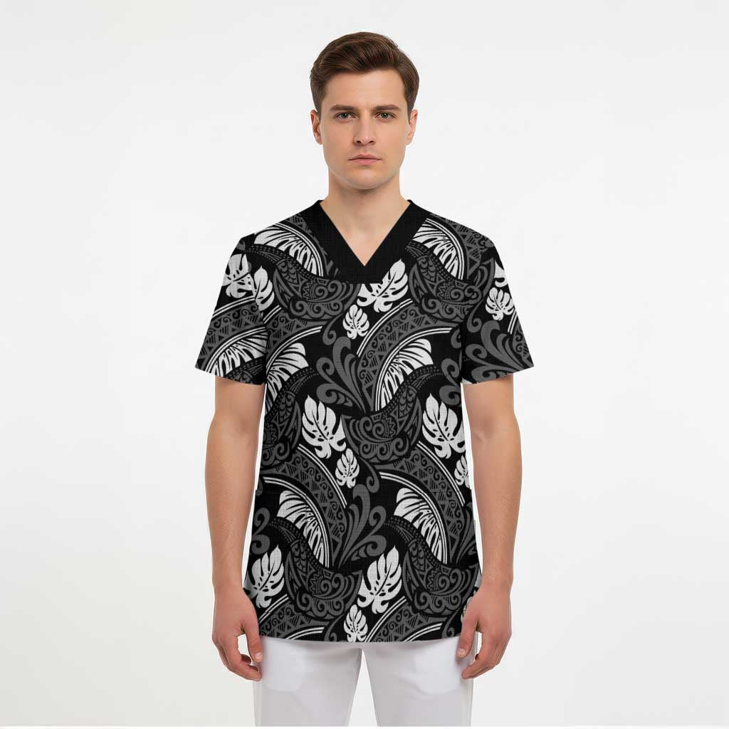 Grayscale Monstera Scrub Top Polynesian Tribal Pattern - Polynesian Pride