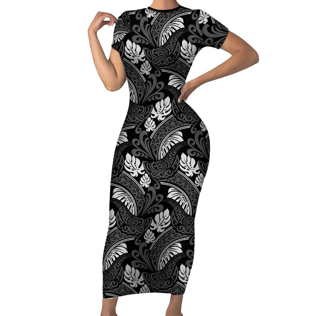 Grayscale Monstera Short Sleeve Bodycon Dress Polynesian Tribal Pattern - Polynesian Pride