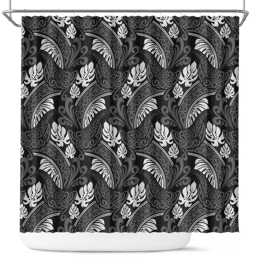 Grayscale Monstera Shower Curtain Polynesian Tribal Pattern - Polynesian Pride