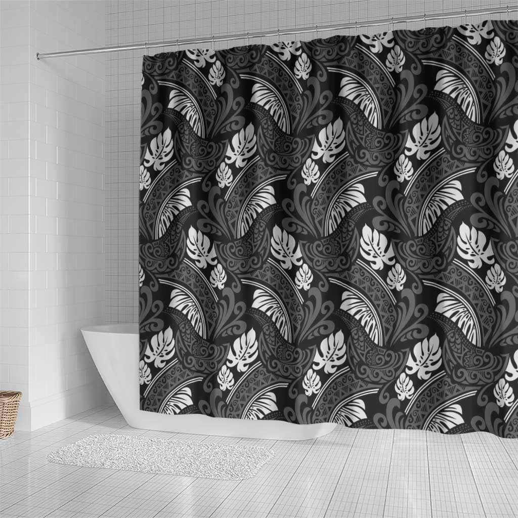 Grayscale Monstera Shower Curtain Polynesian Tribal Pattern - Polynesian Pride