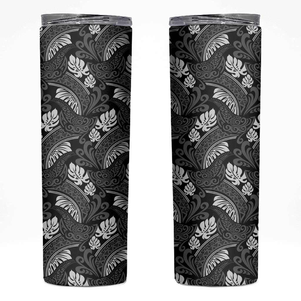 Grayscale Monstera Skinny Tumbler Polynesian Tribal Pattern - Polynesian Pride