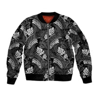 Grayscale Monstera Sleeve Zip Bomber Jacket Polynesian Tribal Pattern - Polynesian Pride