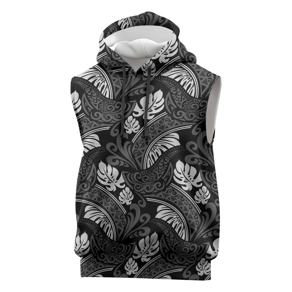 Grayscale Monstera Sleeveless Hoodie Polynesian Tribal Pattern - Polynesian Pride