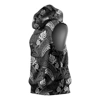 Grayscale Monstera Sleeveless Hoodie Polynesian Tribal Pattern - Polynesian Pride