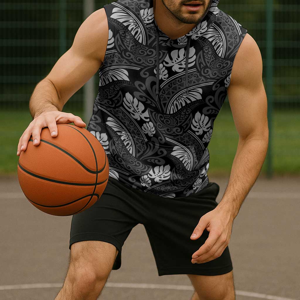 Grayscale Monstera Sleeveless Hoodie Polynesian Tribal Pattern - Polynesian Pride