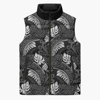 Grayscale Monstera Sleeveless Puffer Jacket Polynesian Tribal Pattern - Polynesian Pride