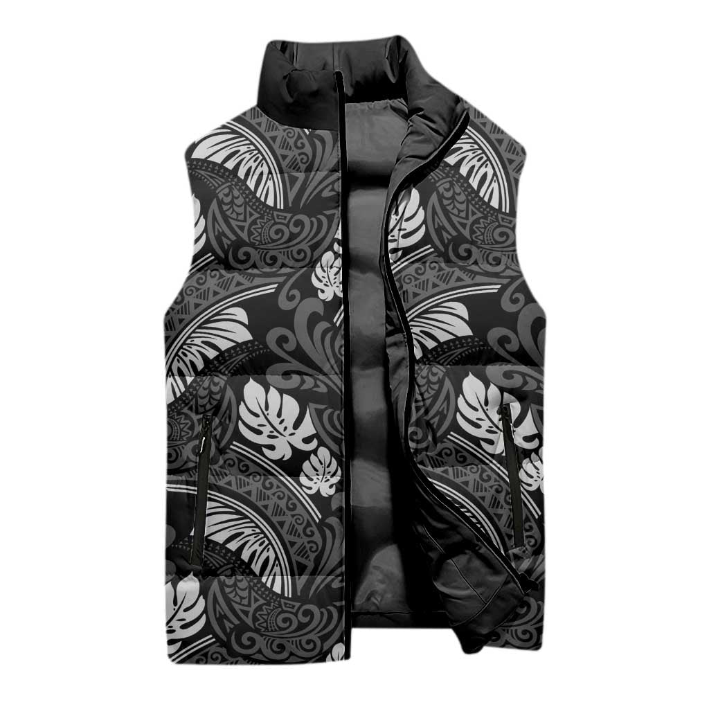 Grayscale Monstera Sleeveless Puffer Jacket Polynesian Tribal Pattern - Polynesian Pride