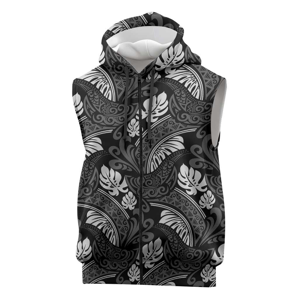 Grayscale Monstera Sleeveless Zip Hoodie Polynesian Tribal Pattern - Polynesian Pride