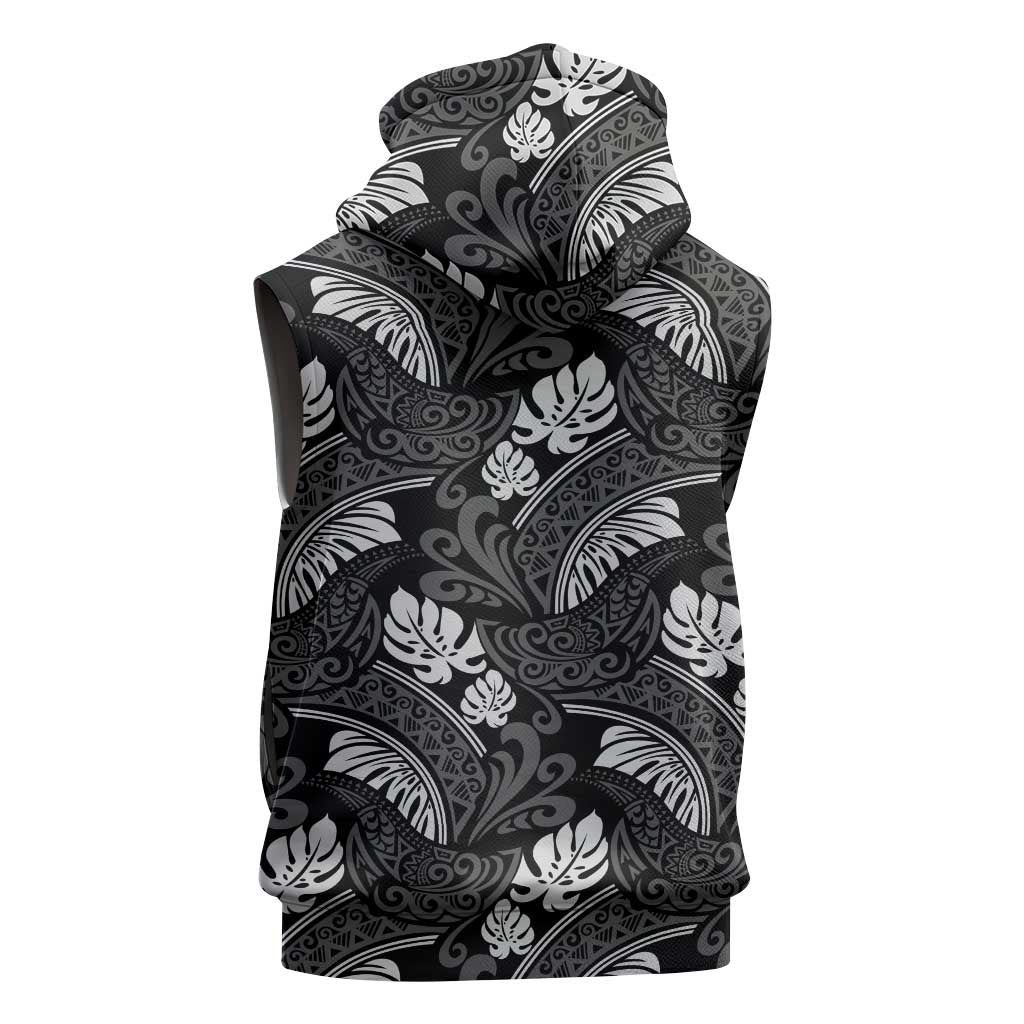 Grayscale Monstera Sleeveless Zip Hoodie Polynesian Tribal Pattern - Polynesian Pride