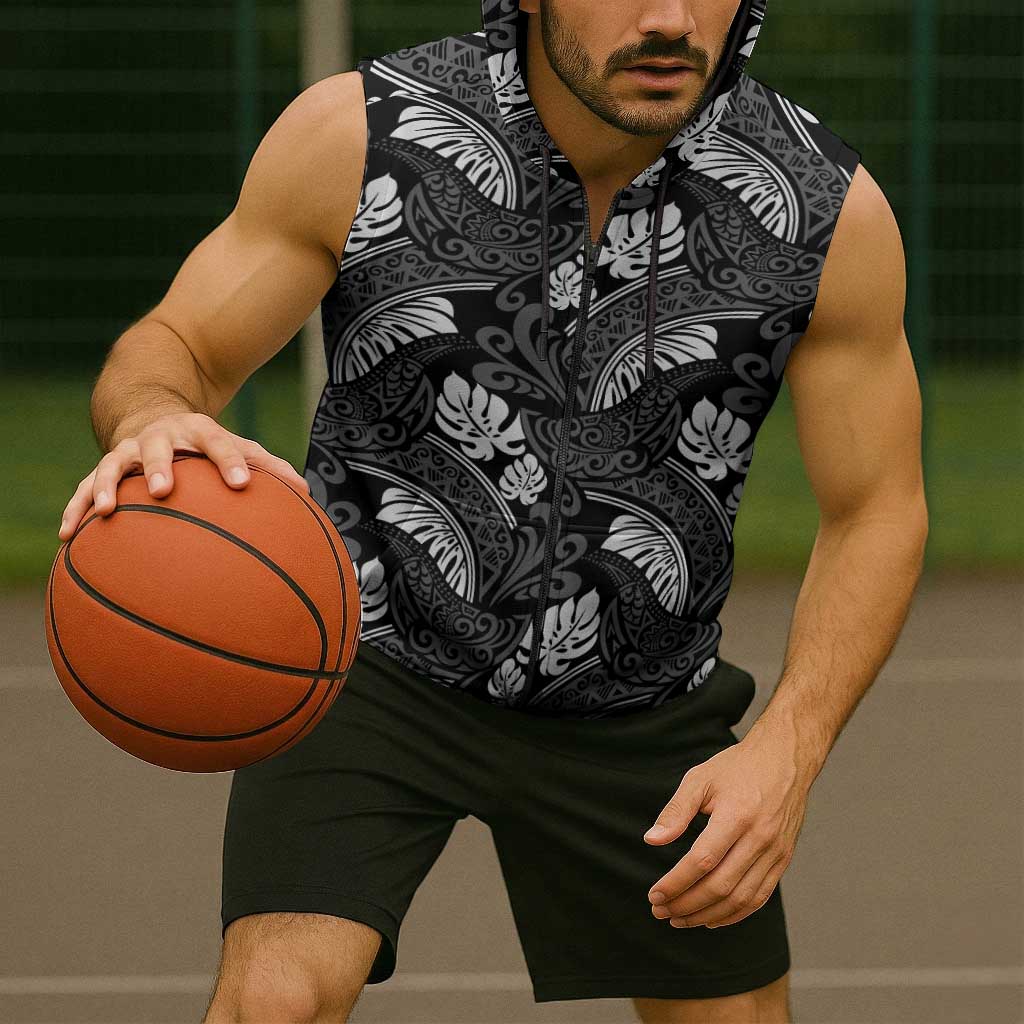 Grayscale Monstera Sleeveless Zip Hoodie Polynesian Tribal Pattern - Polynesian Pride