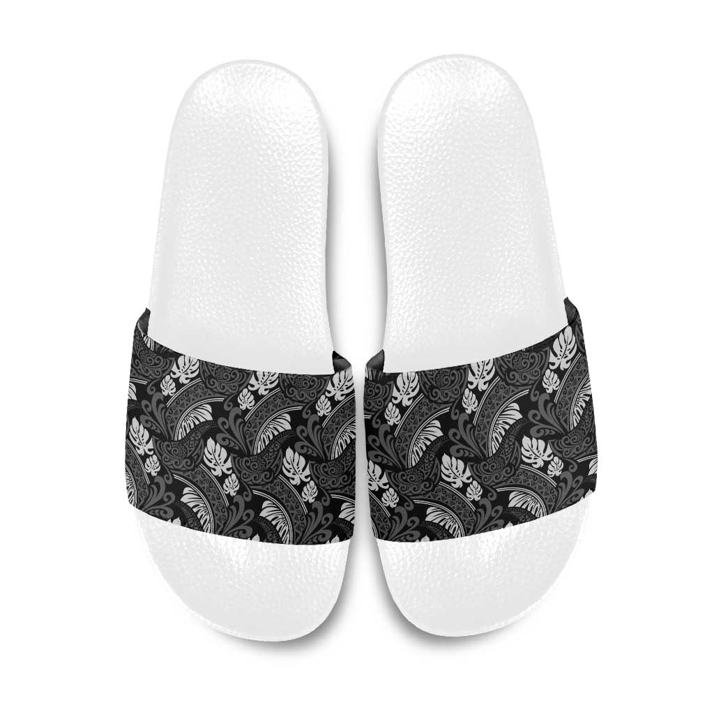 Grayscale Monstera Slide Sandals Polynesian Tribal Pattern - Polynesian Pride