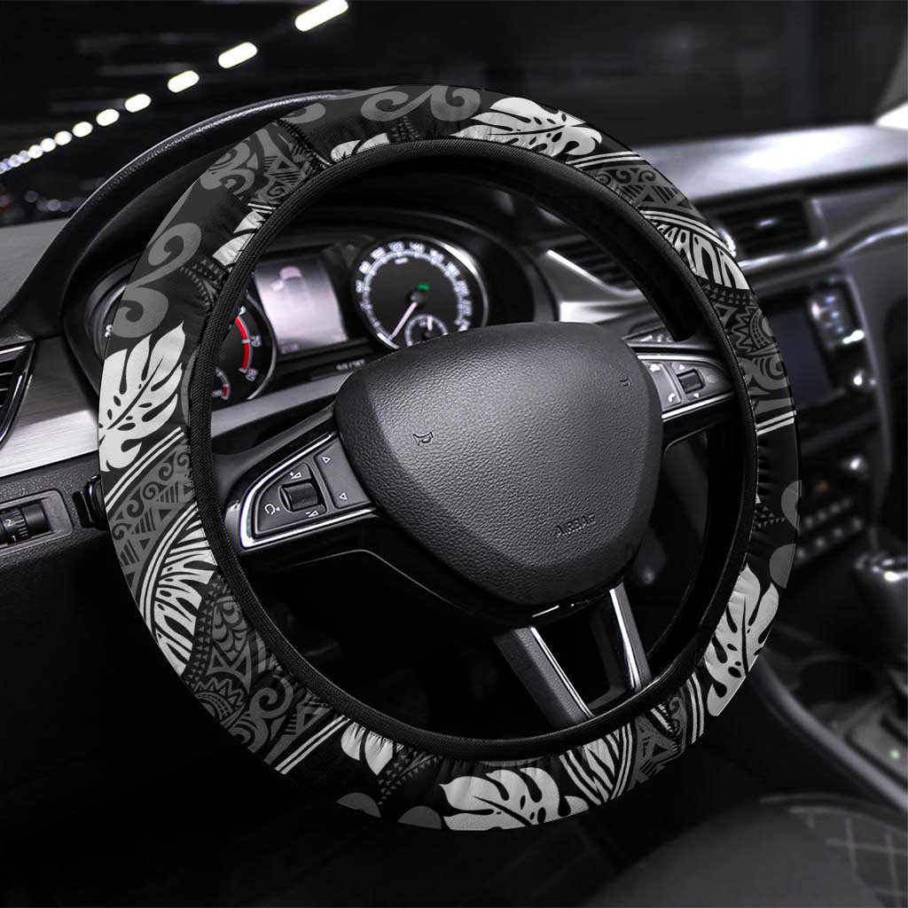 Grayscale Monstera Steering Wheel Cover Polynesian Tribal Pattern - Polynesian Pride