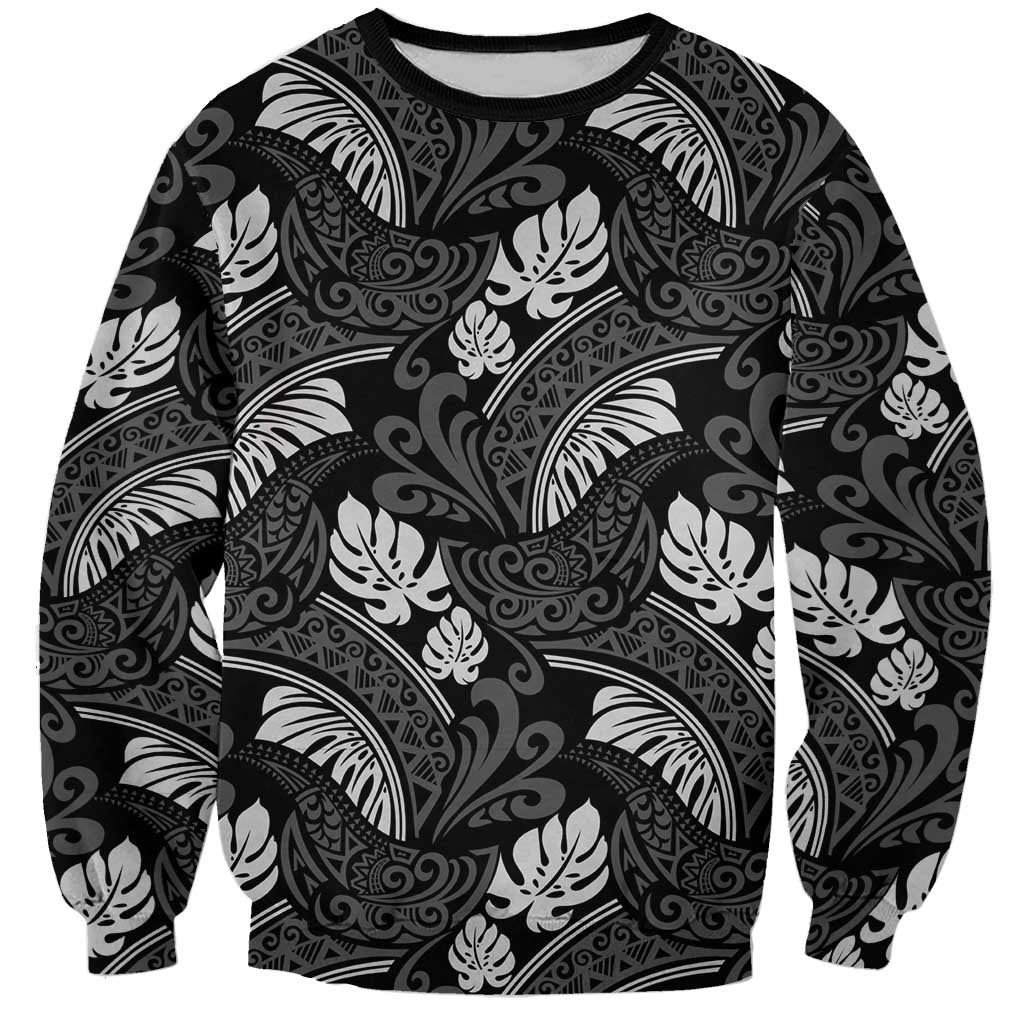 Grayscale Monstera Sweatshirt Polynesian Tribal Pattern - Polynesian Pride