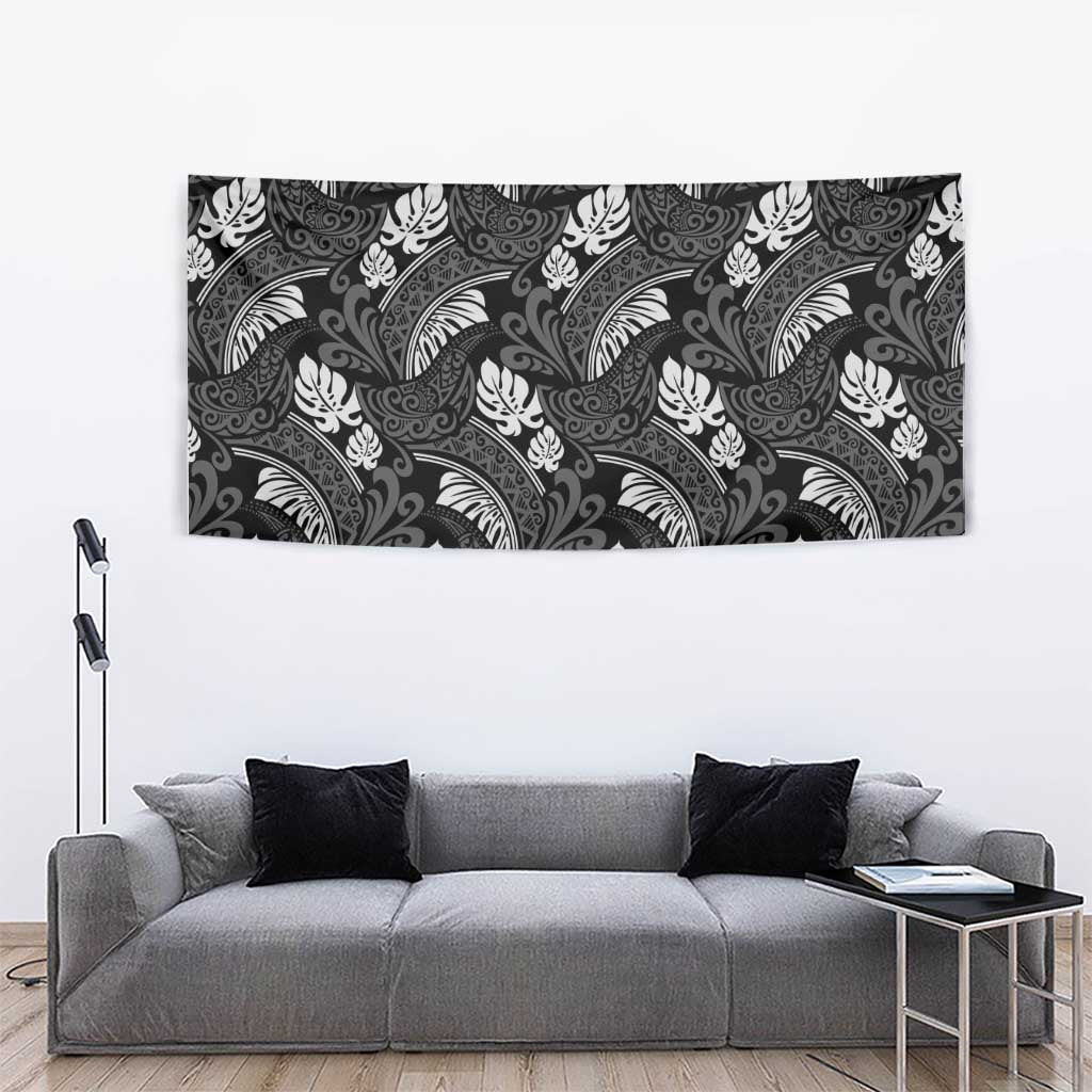 Grayscale Monstera Tapestry Polynesian Tribal Pattern - Polynesian Pride