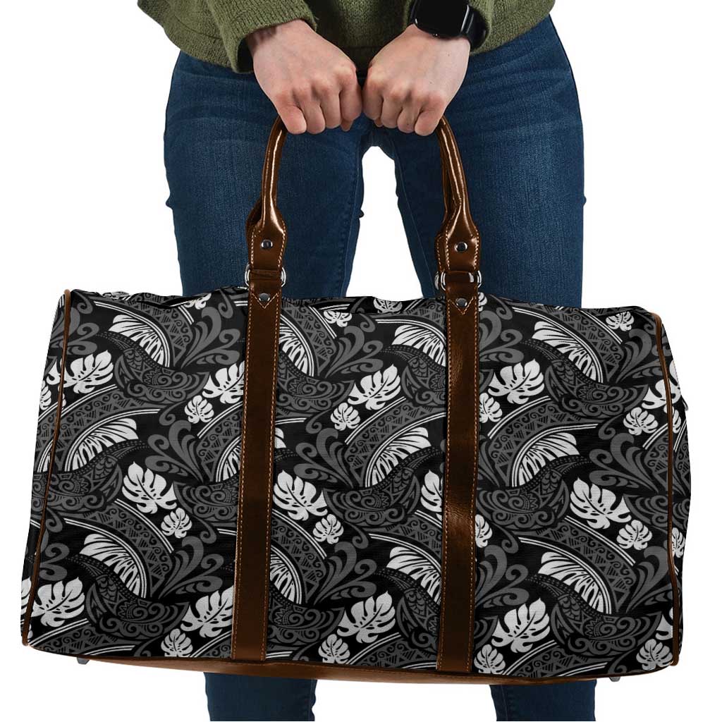 Grayscale Monstera Travel Bag Polynesian Tribal Pattern - Polynesian Pride