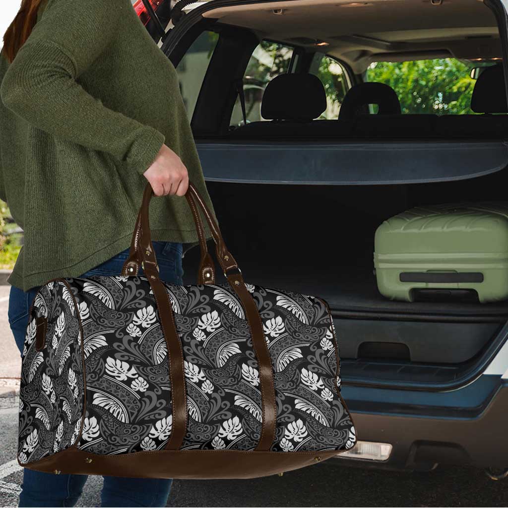 Grayscale Monstera Travel Bag Polynesian Tribal Pattern - Polynesian Pride