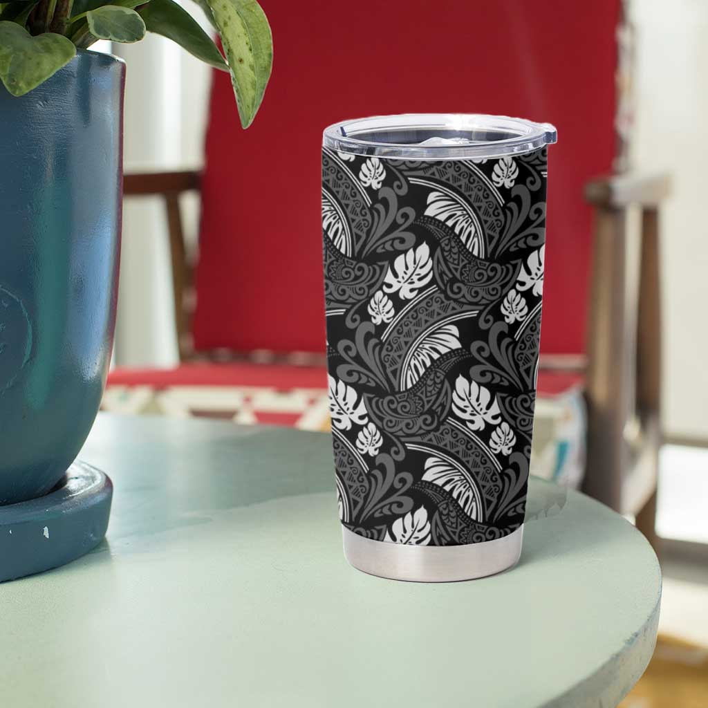 Grayscale Monstera Tumbler Cup Polynesian Tribal Pattern - Polynesian Pride