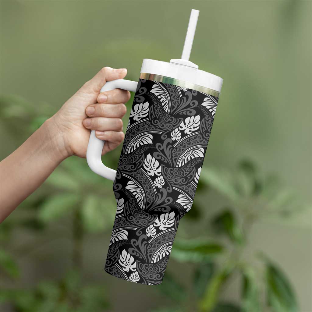 Grayscale Monstera Tumbler With Handle Polynesian Tribal Pattern - Polynesian Pride